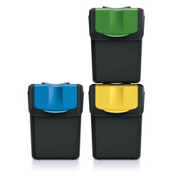 Set 3 Bidoni Cestini Sortibox | per Raccolta Differenziata Riciclaggio | Impilabili | 25 Litri | Antracite | con Coperchi Colorati | in Plastica | per Casa Interni